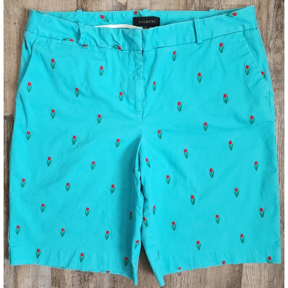 Talbots Pants - Talbots Embroidered Tulip Shorts Womens 16 Turquoise Blue Floral Cotton Chino